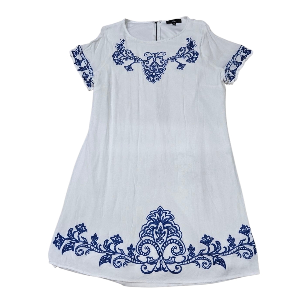 Lulus Blue and Ivory Embroidered Shift Dress 1X - Picture 4 of 7